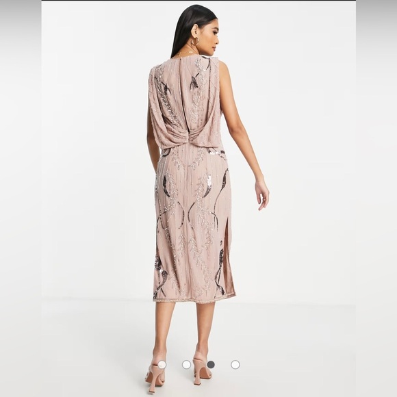 ASOS DESIGN drape back embellished midi dress sz US 4 Nude Pink Sequins Wedding - Picture 12 of 12